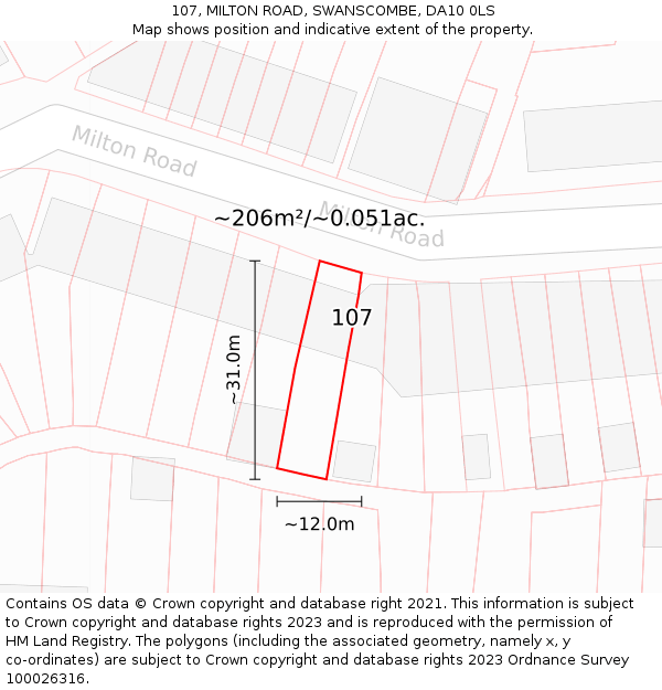 107, MILTON ROAD, SWANSCOMBE, DA10 0LS: Plot and title map