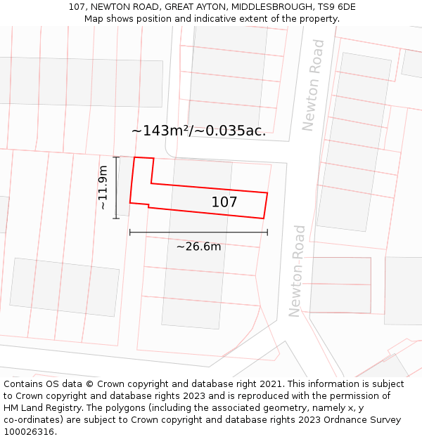 107, NEWTON ROAD, GREAT AYTON, MIDDLESBROUGH, TS9 6DE: Plot and title map