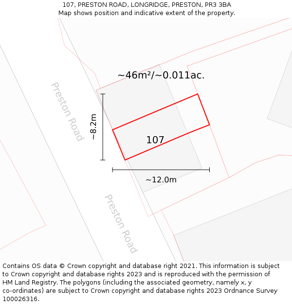 107, PRESTON ROAD, LONGRIDGE, PRESTON, PR3 3BA: Plot and title map