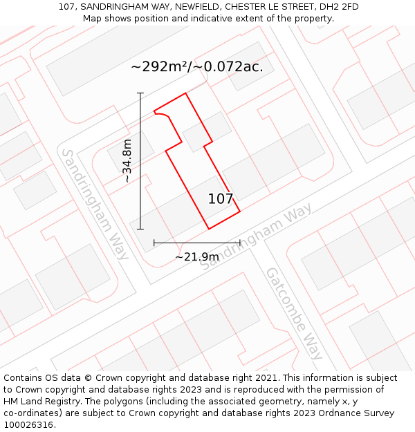 107, SANDRINGHAM WAY, NEWFIELD, CHESTER LE STREET, DH2 2FD: Plot and title map