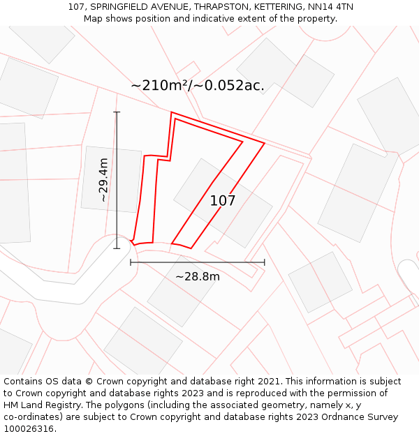 107, SPRINGFIELD AVENUE, THRAPSTON, KETTERING, NN14 4TN: Plot and title map