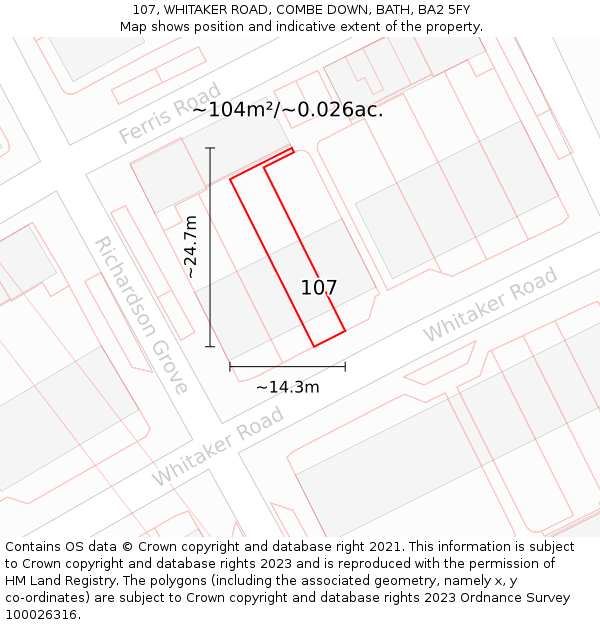 107, WHITAKER ROAD, COMBE DOWN, BATH, BA2 5FY: Plot and title map