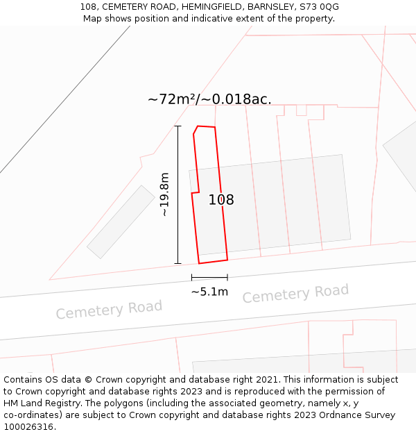 108, CEMETERY ROAD, HEMINGFIELD, BARNSLEY, S73 0QG: Plot and title map