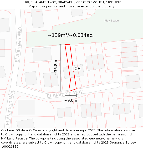108, EL ALAMEIN WAY, BRADWELL, GREAT YARMOUTH, NR31 8SY: Plot and title map