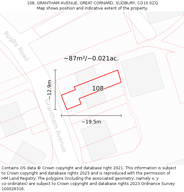 108, GRANTHAM AVENUE, GREAT CORNARD, SUDBURY, CO10 0ZQ: Plot and title map
