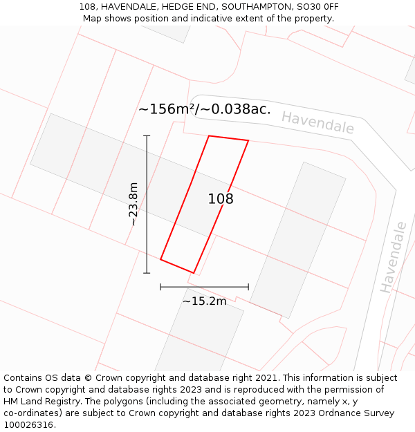 108, HAVENDALE, HEDGE END, SOUTHAMPTON, SO30 0FF: Plot and title map