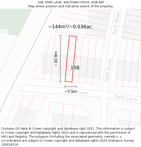 108, PARK LANE, WALTHAM CROSS, EN8 8AF: Plot and title map