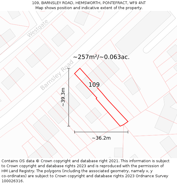 109, BARNSLEY ROAD, HEMSWORTH, PONTEFRACT, WF9 4NT: Plot and title map