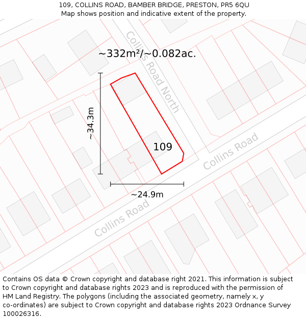 109, COLLINS ROAD, BAMBER BRIDGE, PRESTON, PR5 6QU: Plot and title map