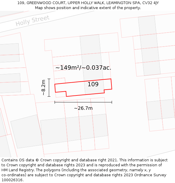 109, GREENWOOD COURT, UPPER HOLLY WALK, LEAMINGTON SPA, CV32 4JY: Plot and title map
