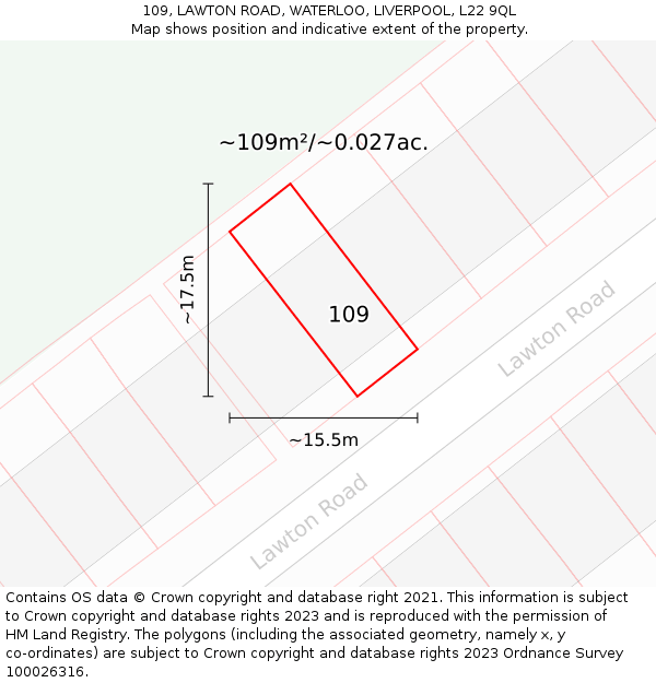 109, LAWTON ROAD, WATERLOO, LIVERPOOL, L22 9QL: Plot and title map