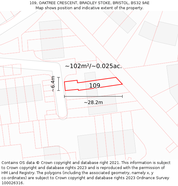 109, OAKTREE CRESCENT, BRADLEY STOKE, BRISTOL, BS32 9AE: Plot and title map