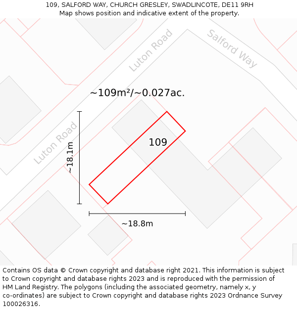 109, SALFORD WAY, CHURCH GRESLEY, SWADLINCOTE, DE11 9RH: Plot and title map