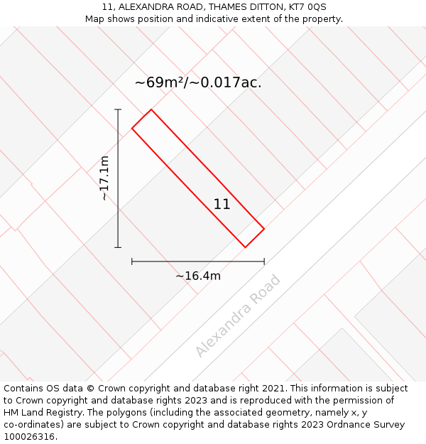11, ALEXANDRA ROAD, THAMES DITTON, KT7 0QS: Plot and title map
