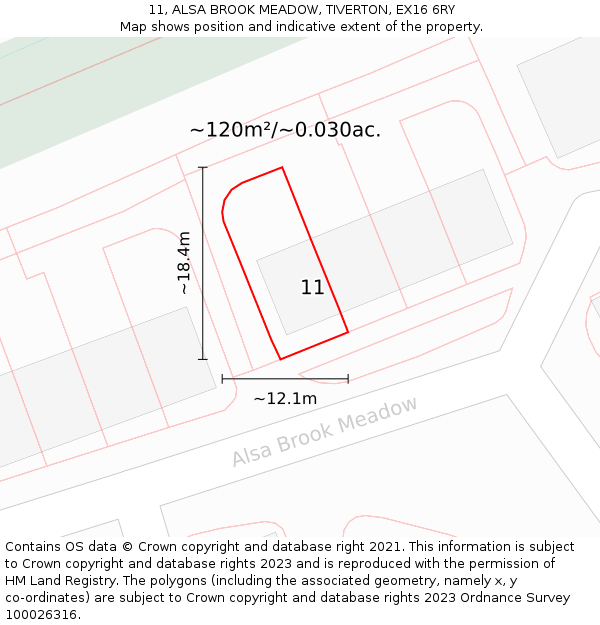 11, ALSA BROOK MEADOW, TIVERTON, EX16 6RY: Plot and title map