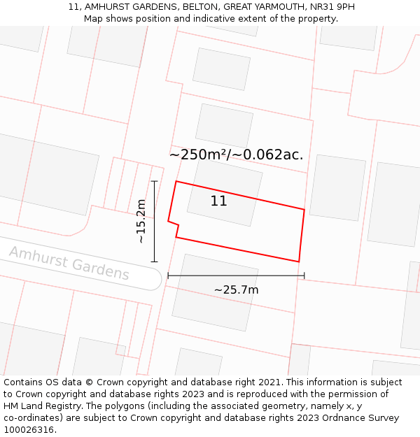 11, AMHURST GARDENS, BELTON, GREAT YARMOUTH, NR31 9PH: Plot and title map