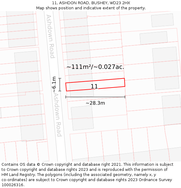 11, ASHDON ROAD, BUSHEY, WD23 2HX: Plot and title map