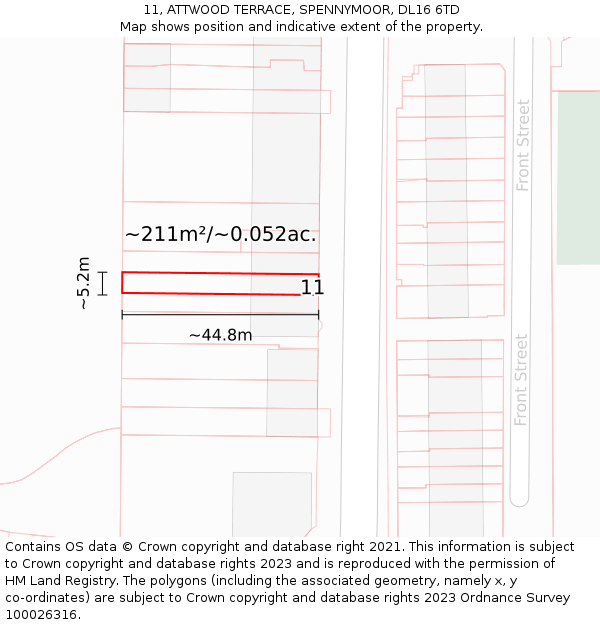 11, ATTWOOD TERRACE, SPENNYMOOR, DL16 6TD: Plot and title map