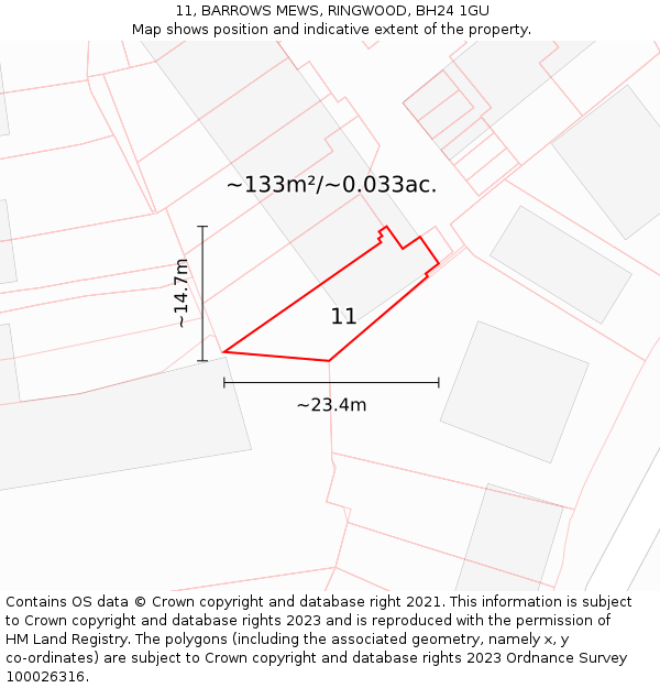 11, BARROWS MEWS, RINGWOOD, BH24 1GU: Plot and title map