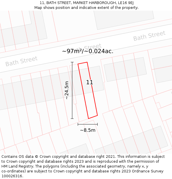 11, BATH STREET, MARKET HARBOROUGH, LE16 9EJ: Plot and title map