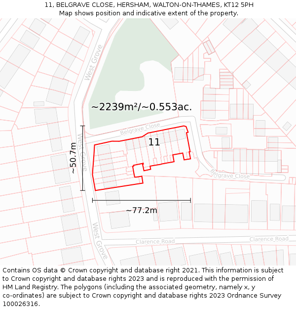 11, BELGRAVE CLOSE, HERSHAM, WALTON-ON-THAMES, KT12 5PH: Plot and title map