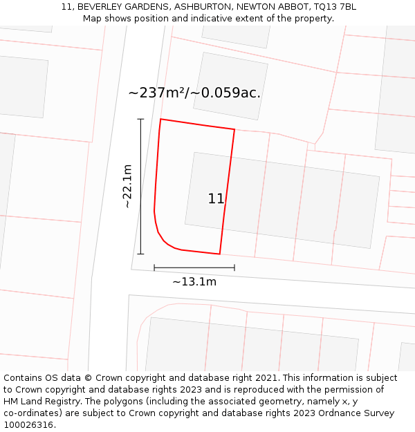 11, BEVERLEY GARDENS, ASHBURTON, NEWTON ABBOT, TQ13 7BL: Plot and title map