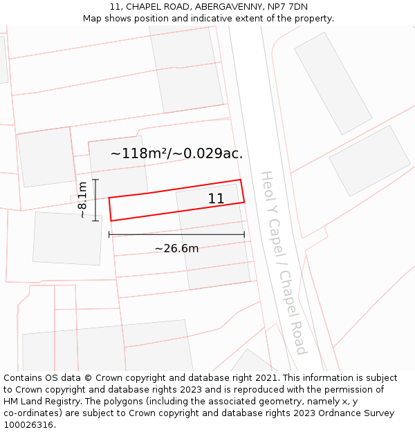 11, CHAPEL ROAD, ABERGAVENNY, NP7 7DN: Plot and title map