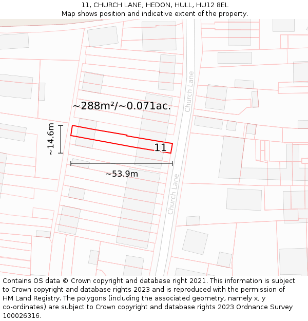 11, CHURCH LANE, HEDON, HULL, HU12 8EL: Plot and title map