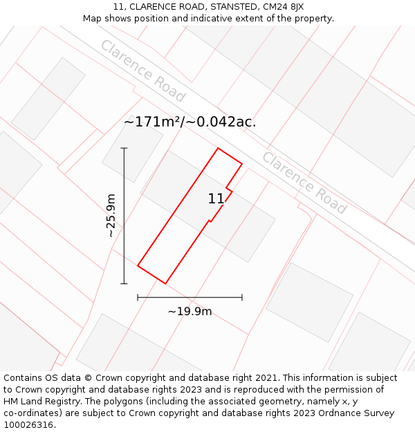 11, CLARENCE ROAD, STANSTED, CM24 8JX: Plot and title map