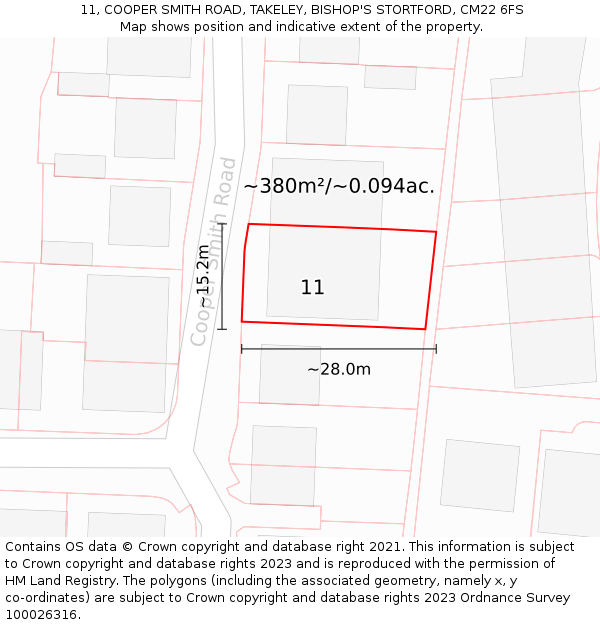 11, COOPER SMITH ROAD, TAKELEY, BISHOP'S STORTFORD, CM22 6FS: Plot and title map