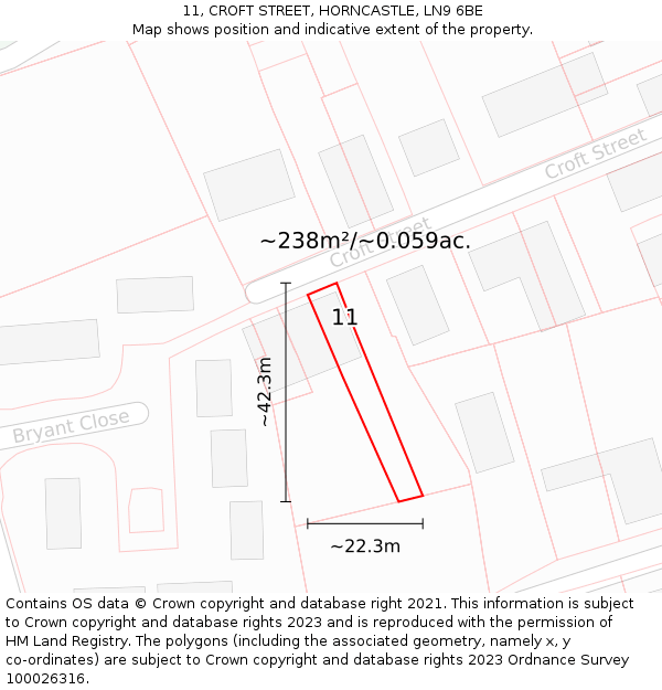 11, CROFT STREET, HORNCASTLE, LN9 6BE: Plot and title map