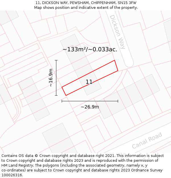 11, DICKSON WAY, PEWSHAM, CHIPPENHAM, SN15 3FW: Plot and title map