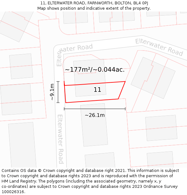 11, ELTERWATER ROAD, FARNWORTH, BOLTON, BL4 0PJ: Plot and title map