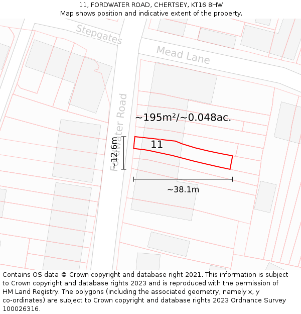 11, FORDWATER ROAD, CHERTSEY, KT16 8HW: Plot and title map