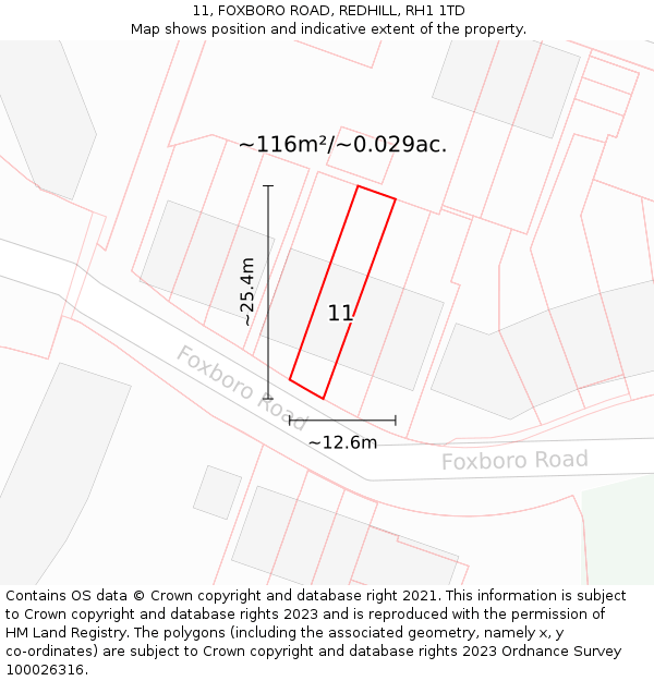 11, FOXBORO ROAD, REDHILL, RH1 1TD: Plot and title map