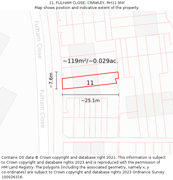 11, FULHAM CLOSE, CRAWLEY, RH11 9NY: Plot and title map