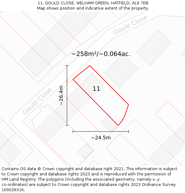 11, GOULD CLOSE, WELHAM GREEN, HATFIELD, AL9 7EB: Plot and title map