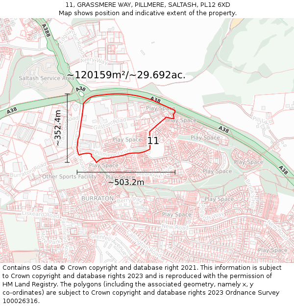 11, GRASSMERE WAY, PILLMERE, SALTASH, PL12 6XD: Plot and title map