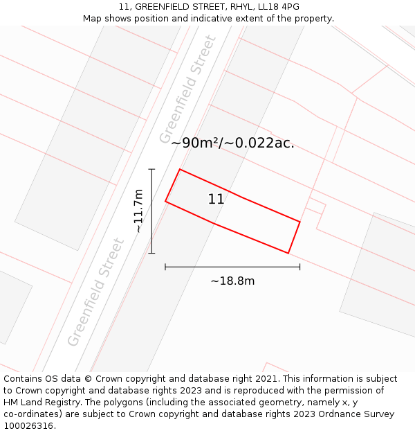 11, GREENFIELD STREET, RHYL, LL18 4PG: Plot and title map
