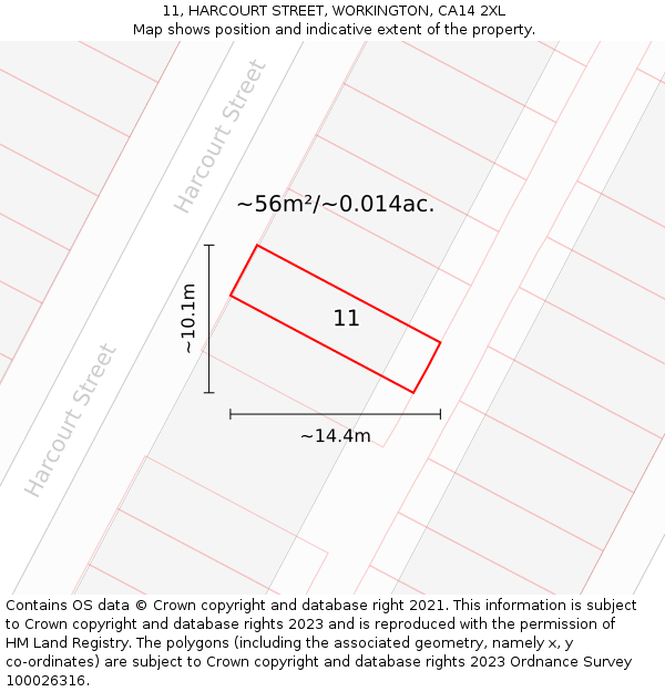 11, HARCOURT STREET, WORKINGTON, CA14 2XL: Plot and title map
