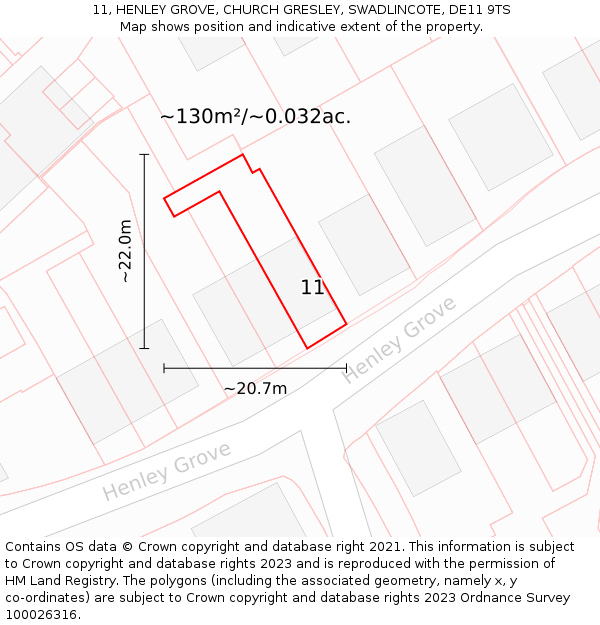 11, HENLEY GROVE, CHURCH GRESLEY, SWADLINCOTE, DE11 9TS: Plot and title map