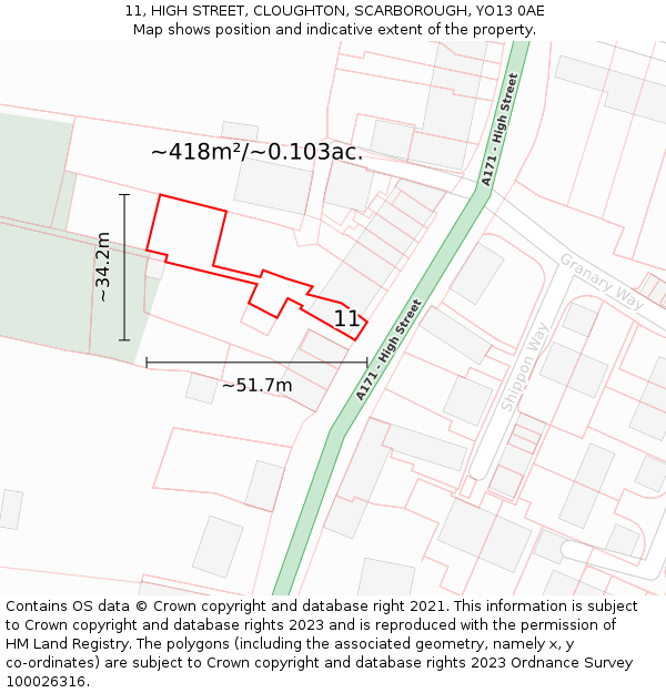 11, HIGH STREET, CLOUGHTON, SCARBOROUGH, YO13 0AE: Plot and title map