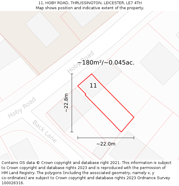 11, HOBY ROAD, THRUSSINGTON, LEICESTER, LE7 4TH: Plot and title map