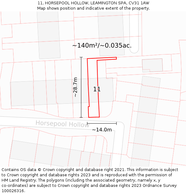 11, HORSEPOOL HOLLOW, LEAMINGTON SPA, CV31 1AW: Plot and title map
