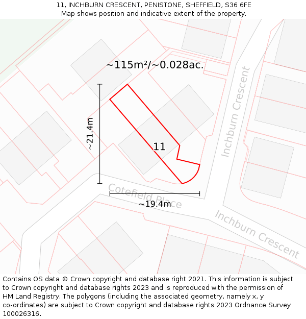 11, INCHBURN CRESCENT, PENISTONE, SHEFFIELD, S36 6FE: Plot and title map