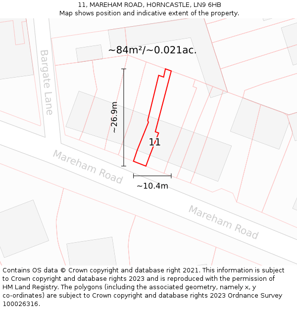 11, MAREHAM ROAD, HORNCASTLE, LN9 6HB: Plot and title map
