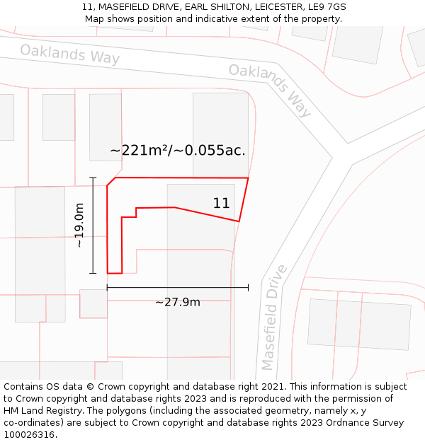 11, MASEFIELD DRIVE, EARL SHILTON, LEICESTER, LE9 7GS: Plot and title map