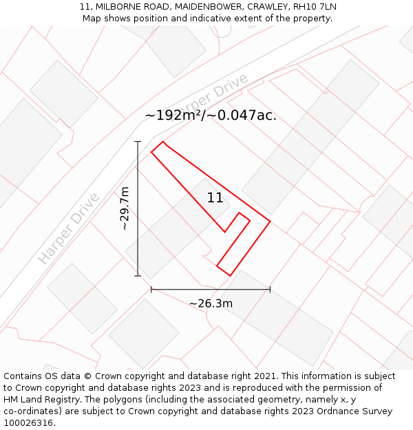 11, MILBORNE ROAD, MAIDENBOWER, CRAWLEY, RH10 7LN: Plot and title map