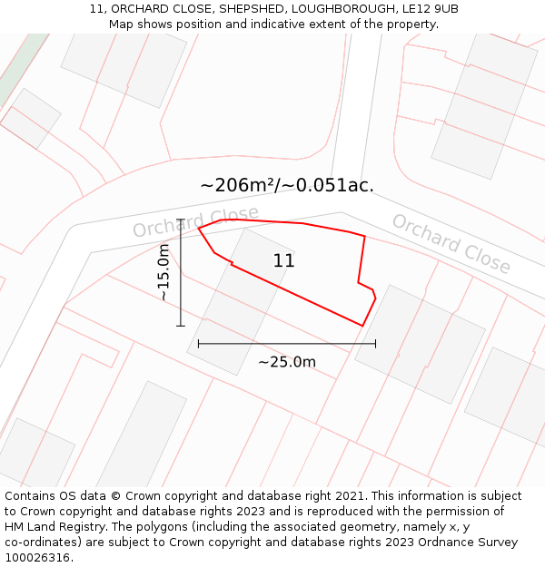11, ORCHARD CLOSE, SHEPSHED, LOUGHBOROUGH, LE12 9UB: Plot and title map