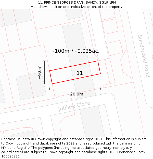 11, PRINCE GEORGES DRIVE, SANDY, SG19 1RN: Plot and title map
